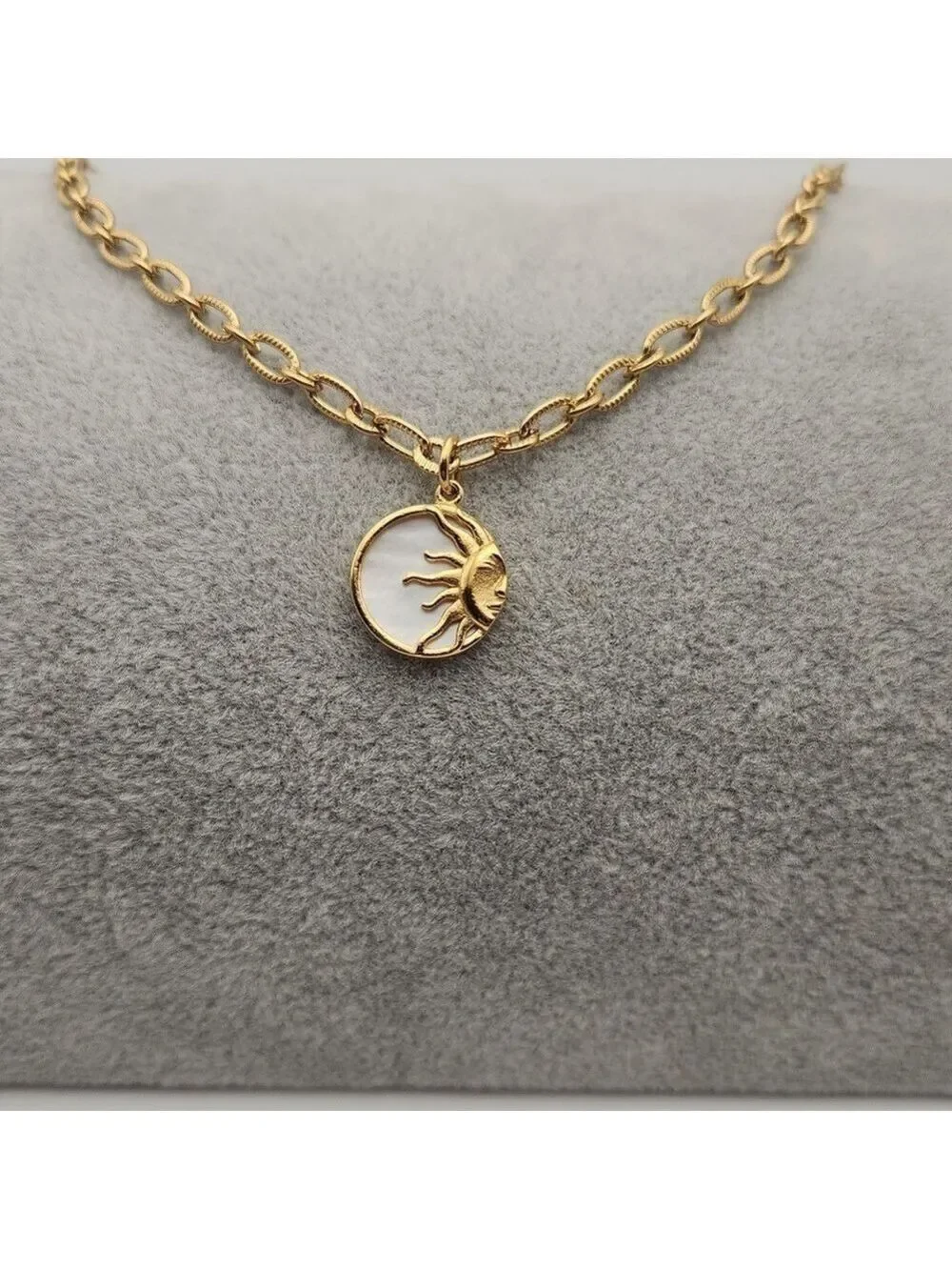 Simulated Diamond Sun Stainless Steel 18K Gold Plated Pendant Necklace